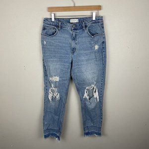 Abercrombie & Fitch High Rise Mom Jeans Size 32/14 Distressed Raw Hem Light Wash